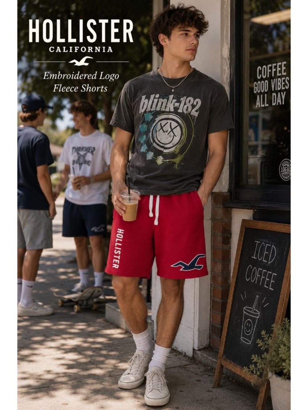 Hollister Mens Fleece Sweat Shorts M Red Embroidered Logo Y2K Preppy Streetwear